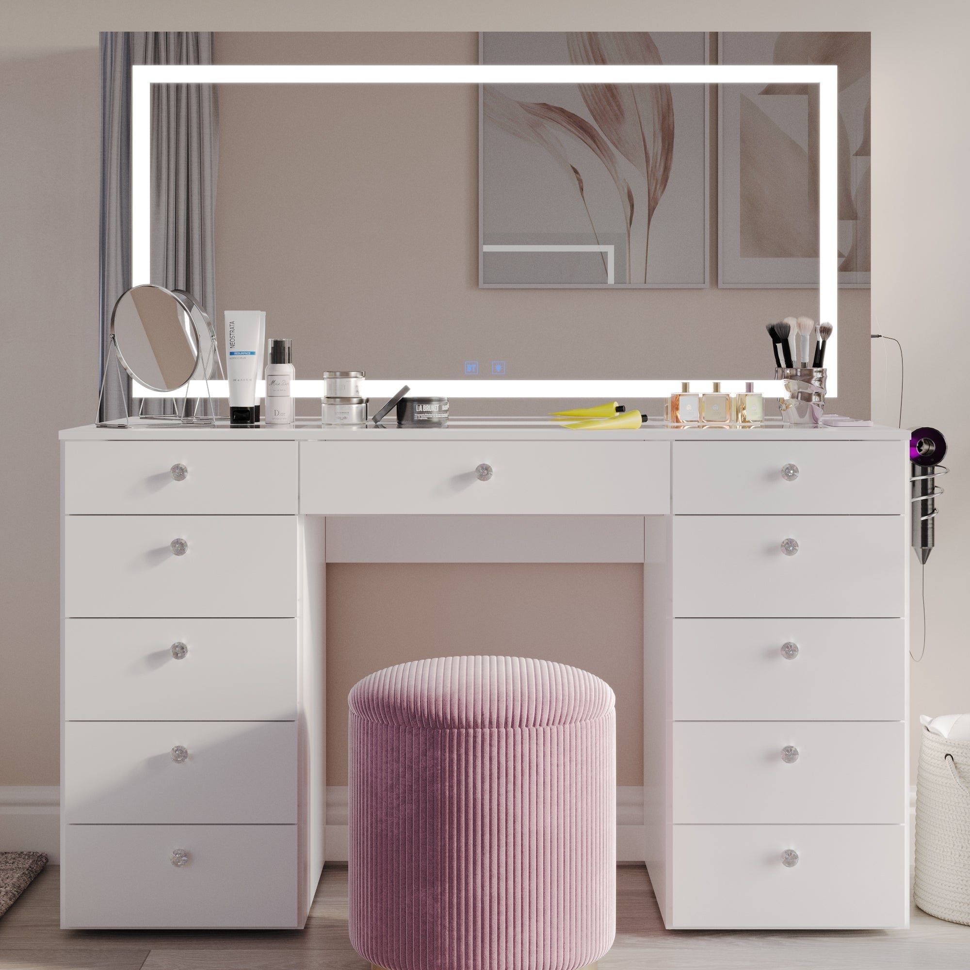 Extra-Large Vanity Desk with LED Mirror, Bluetooth Speakers, 11
