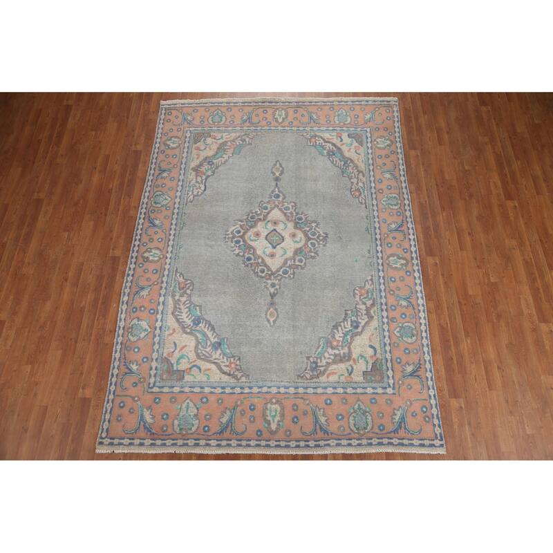 Hand Knotted Oriental 100% Wool Carpet Traditional Medallion Greys & Charcoal Tabriz Area Rug - 9' 6'' X 6' 9''