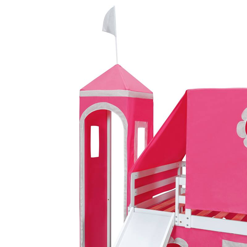 Twin Size Loft Bed with Slide Pink Tent and Tower
