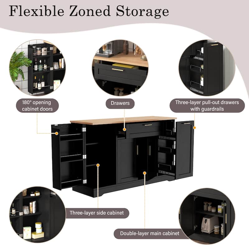 Multi-Functional Kitchen Sideboard with Extendable Dining Table, Storage Cabinet with 3-Tier Pull-Out Rack