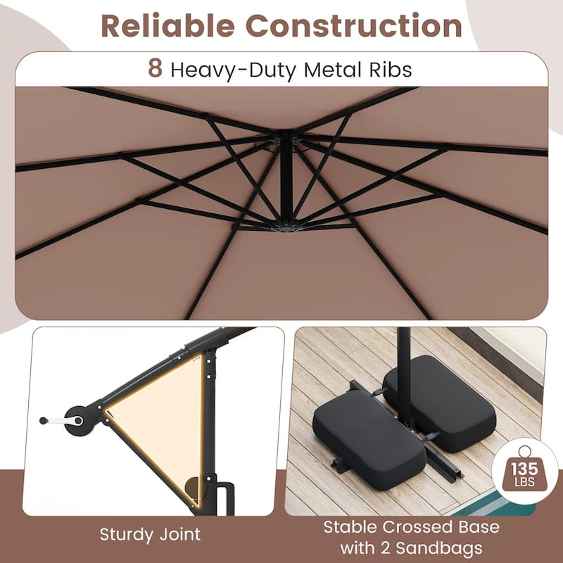 Costway 10 FT Solar Offset Hanging Umbrella with Base Patio Cantilever
