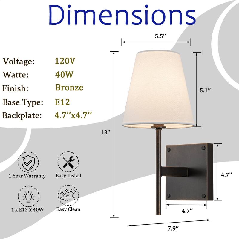 Classic Bronze Fabric Shade Wall Sconces Mondern White Linen Tapered Shade Sconce For Bathroom Mirror Hallway(2 Pack) - W6"