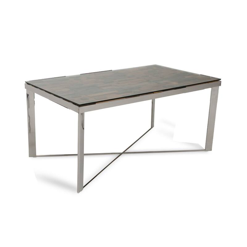 Cid Tiha Dining Table, Reclaimed Ship Wood and Glass Top, 64 Inch Brown - Brown, Silver