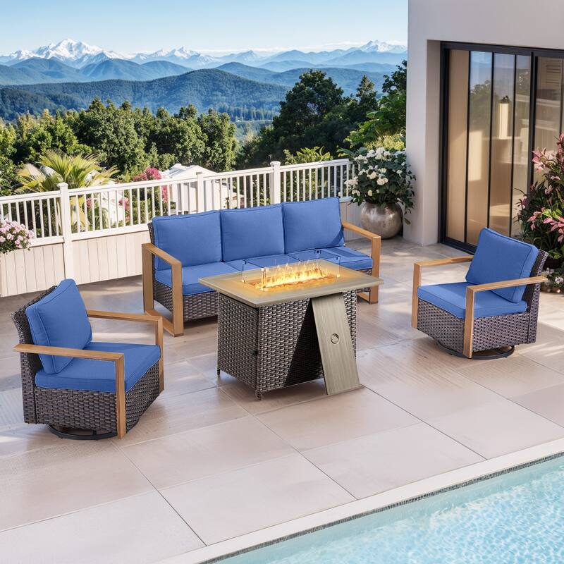 Pocassy Fire Pit Table with Outdoor Sofa Chair Ottoman Set - Brown Wicker Blue Cushion - 4-Piece Sofa Swivel Chair with Fire Table
