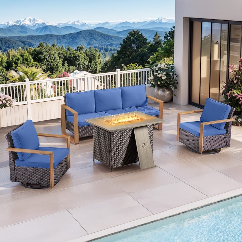 Pocassy Outdoor Wicker Sofa Swivel Chair with Fire Table Set - Brown Wicker Blue Cushion - 4-Piece Sofa Swivel Chair with Fire Table