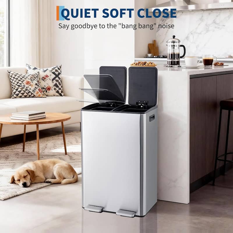 2 x 8 gallon double-compartment kitchen waste recycling station with individual foot pedal, white