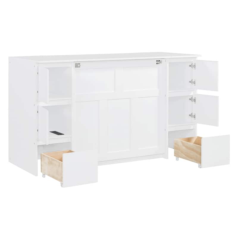 White Twin Size Modern Murphy Bed with Drawers, Cabinets, and USB Ports