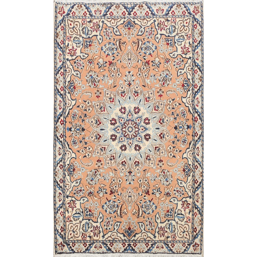 Vegetable Dye Floral Nain Persian Area Rug Hand-knotted Wool Carpet - 2'11" x 4'6"