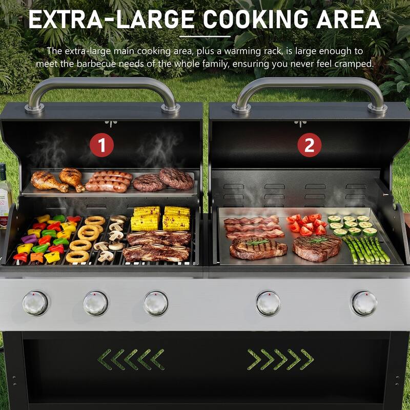64-Inch 5-Burner Outdoor Gas Grill with Left BBQ & Right Teppanyaki Griddle for Patio, Garden, Backyard
