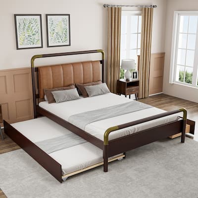 Queen Size Platform Bed with PU Backrest, Trundle Bed & 2 Storage Drawers