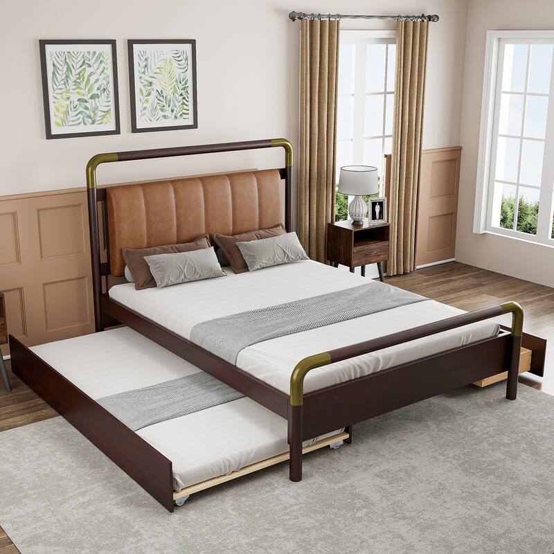 PU Leather Headboard Frame, Wooden Storage Platform Bed with 2 Big Drawers & Trundle Bed, Low Profile Panel Bed for Bedroom