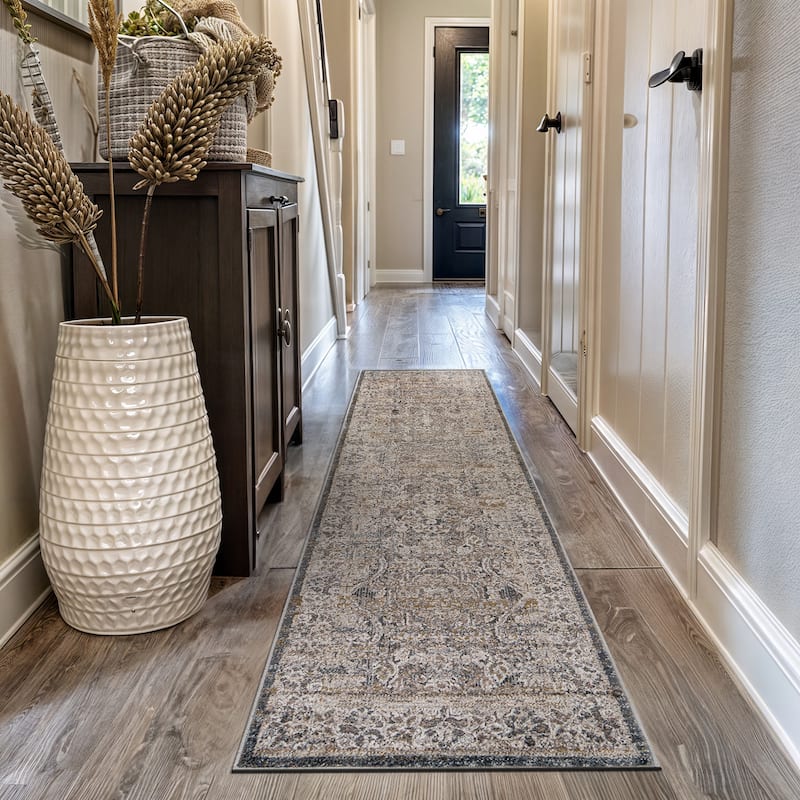 World Rug Gallery Vintage Border Stone Gray Indoor High-Low Area Rug - 2'3" x 12'