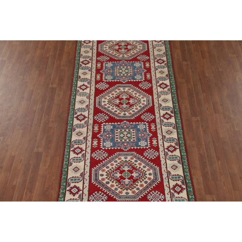 Red Geometric Kazak Runner Rug Handmade Wool Carpet - 4'0" x 13'5"