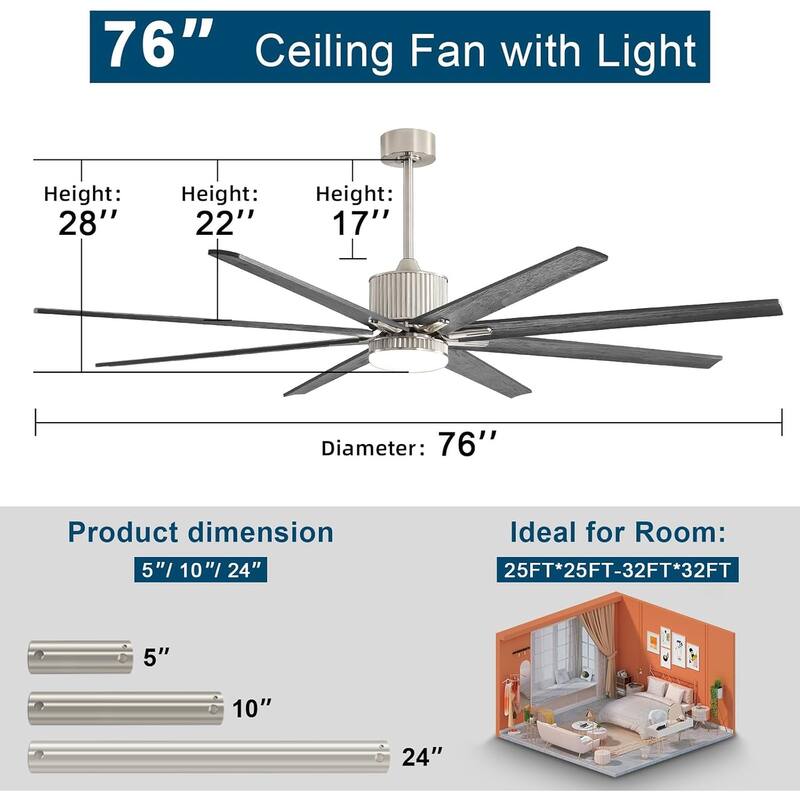 76 inch Smart App Controlled DC Motor Ceiling Fan with Light, Dimmable 3-Color LED, 6-Speed, Reversible, Remote, Timer