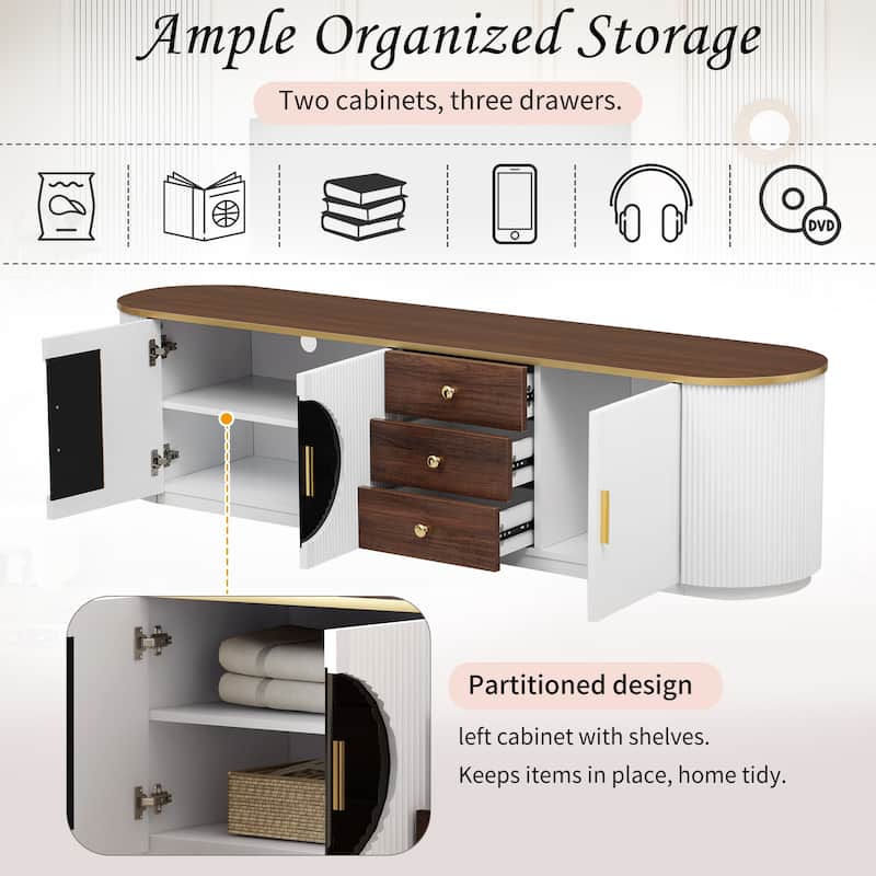 70.8" Floor Curved Storage TV Stand with 3 Drawers 3-Door Decorative TV Cabinet for TVs up to 80'' Media Console Table