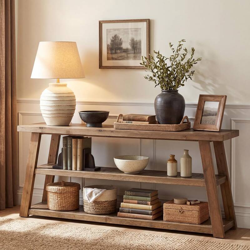 62.99" Solid Wood Console Table, 3-Tier Farmhouse Entryway Table