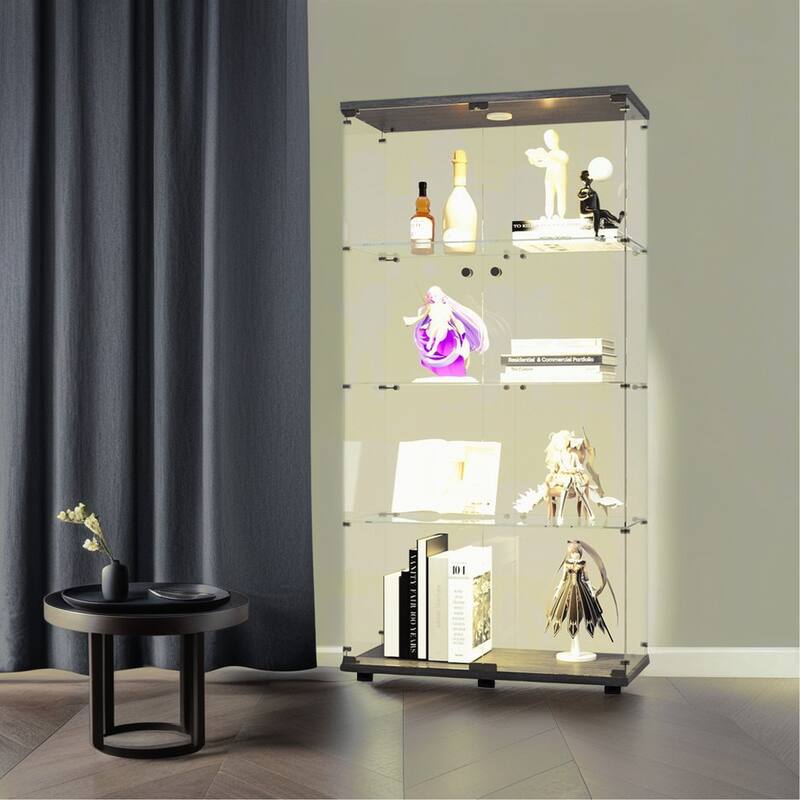 Lighted Two Door Glass Cabinet Glass Display Cabinet with 4 Shelves