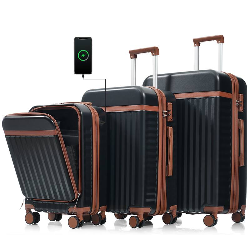 Luggage Set of Three, ABS Hard Shell Luggage with Spinner Wheels - Black