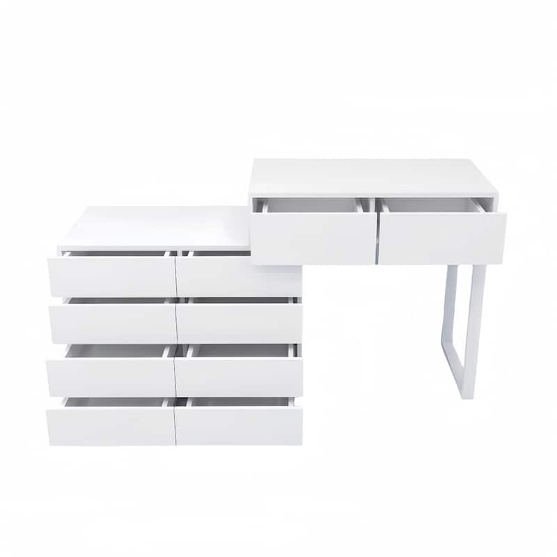 Modern Handleless Dressing Table with 10 Drawers and Extended Tabletop, for Bedrooms and Living Rooms