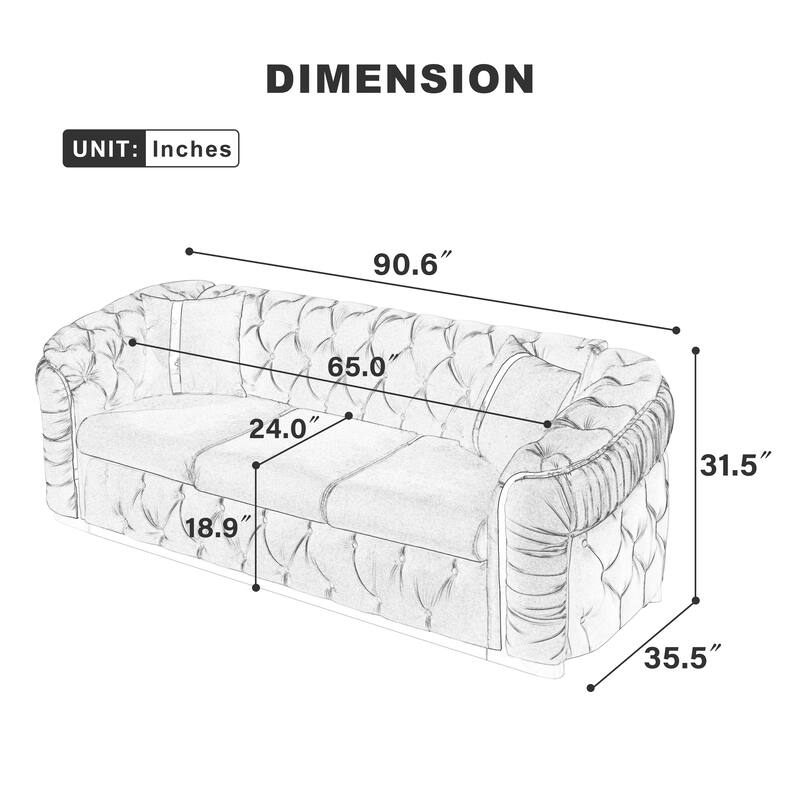 90.6″ Velvet 3-Seater Sofa with 2 Pillows, High-Density Foam & Gold Accents
