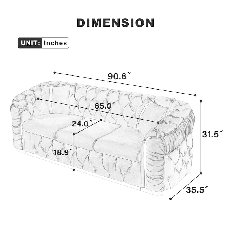 90.6 Inches 3 Seater Velvet Sofa with Gold Stainless Steel Accents and 2 Pillows, Beige