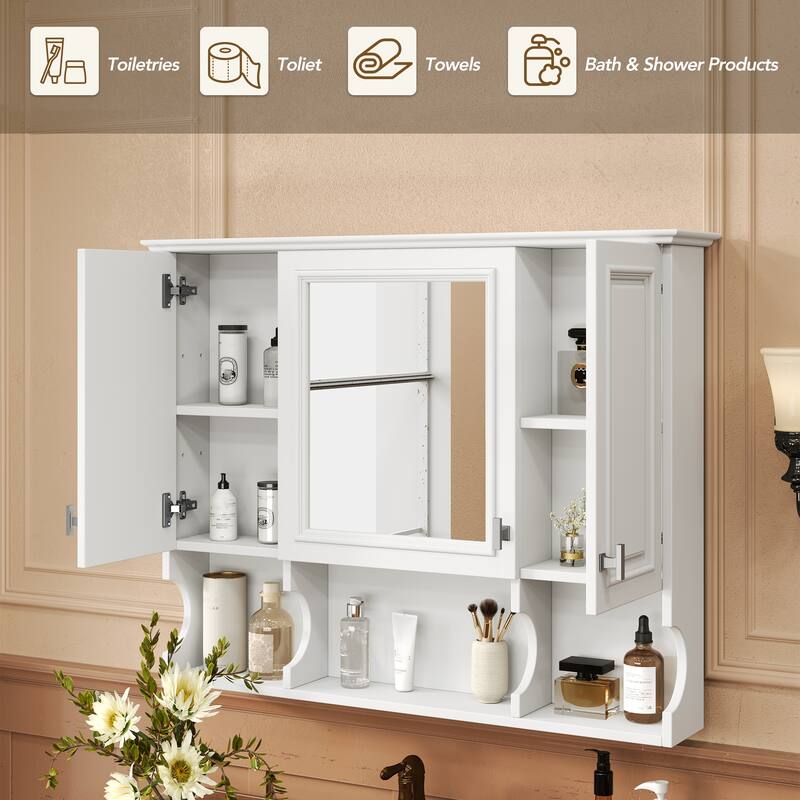 35'' x 28'' Wall Mounted Bathroom Cabinet, Modern Bathroom Wall Cabinet with Mirror and Open Shelves