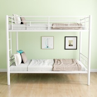 White Twin over Twin Size Metal Bunk Bed with High Guardrail