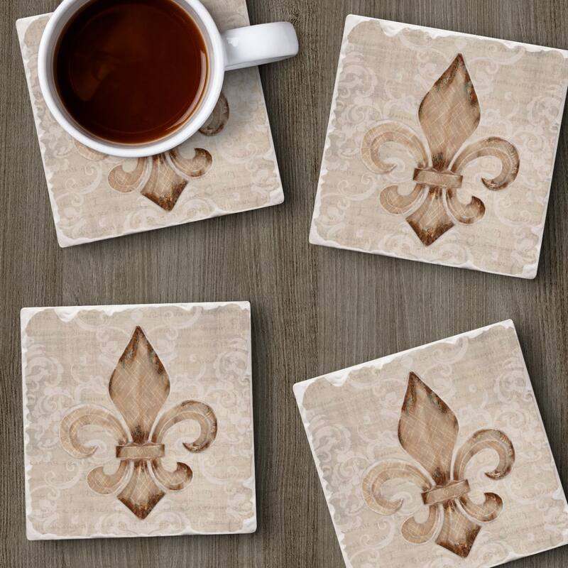 Deco Fleur 4-Pack Absorbent Stone Coasters with Protective Cork Backing 4" Square Made in The USA Easily Wipes Clean