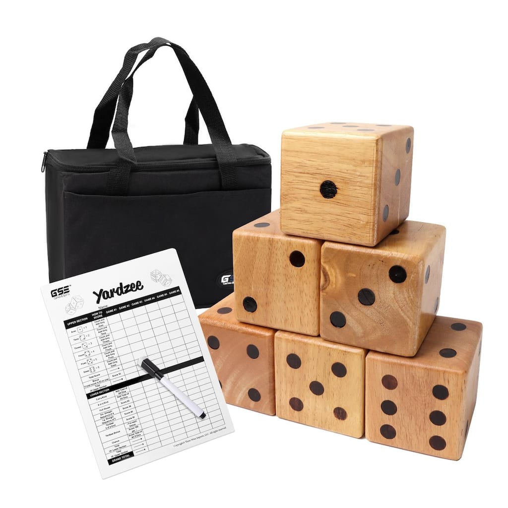 GSE™ 3.5" Rubber Hardwood Giant Yard Dice Set with Carrying Bag and Yardzee & Farkle Scorecard - Giant Dice Set