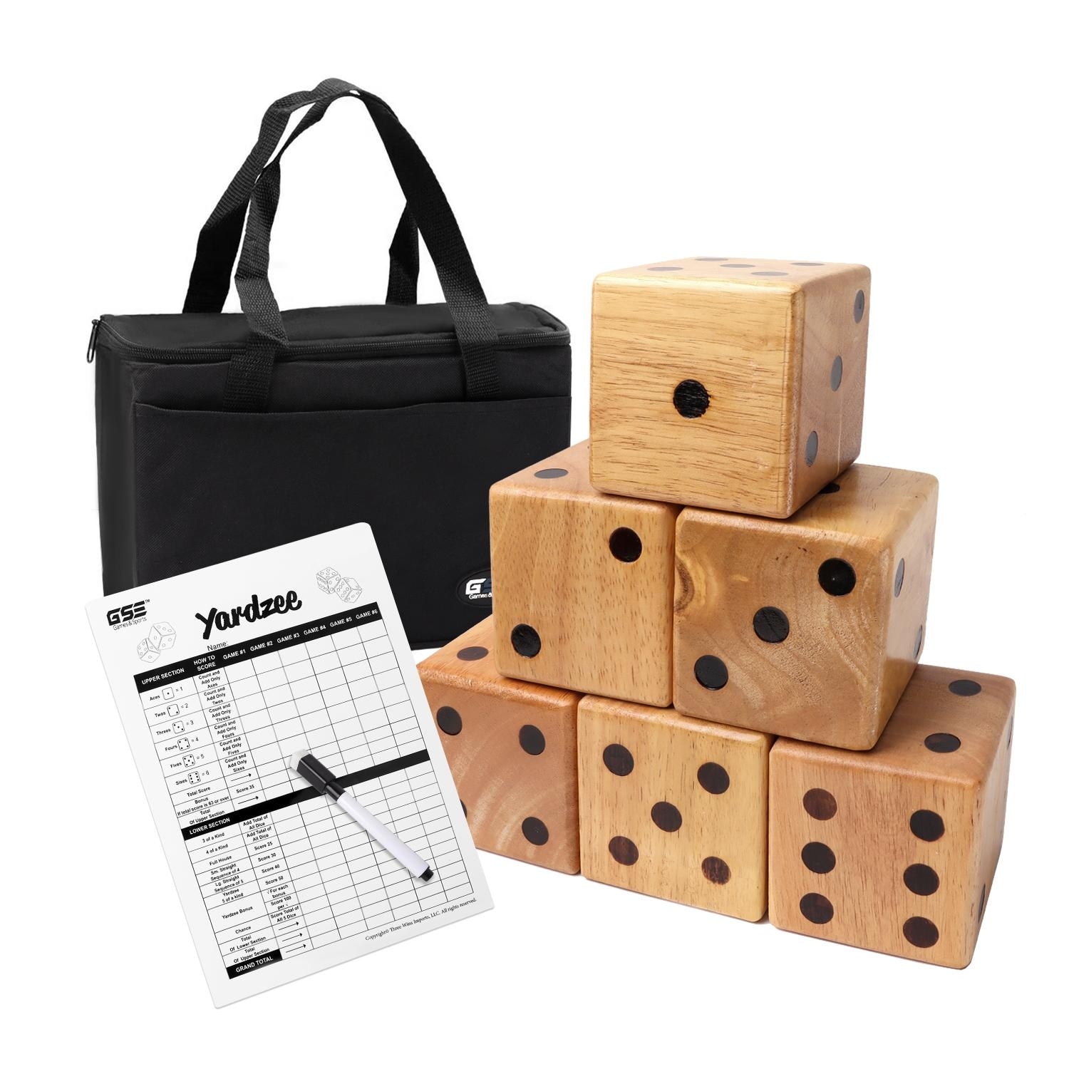 GSE™ 3.5" Rubber Hardwood Giant Yard Dice Set with Carrying Bag and Yardzee & Farkle Scorecard - Giant Dice Set