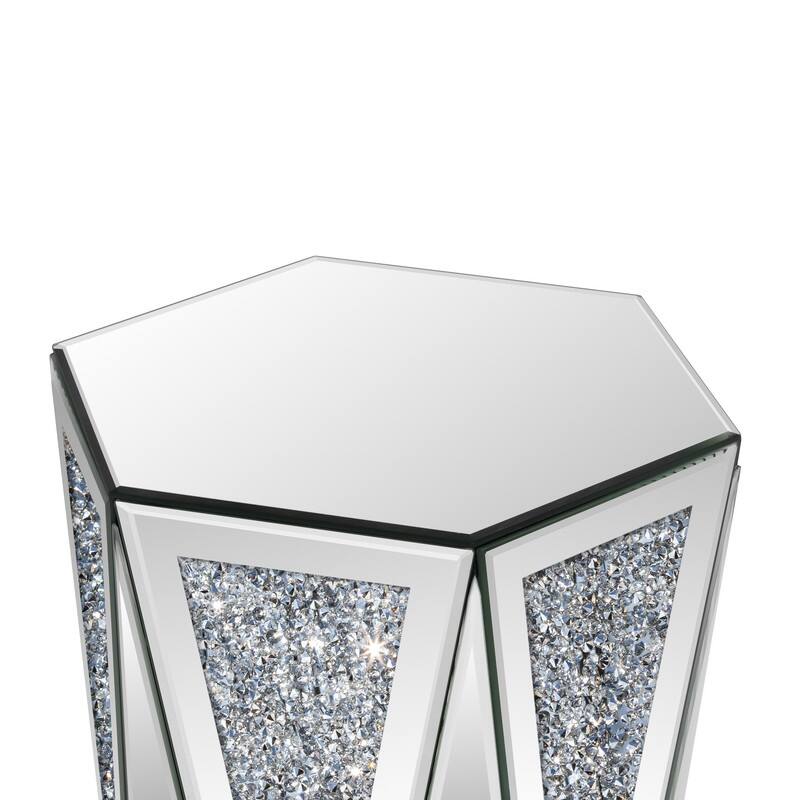 Hexagonal Mirror Top End Table with Crystal-Inlaid