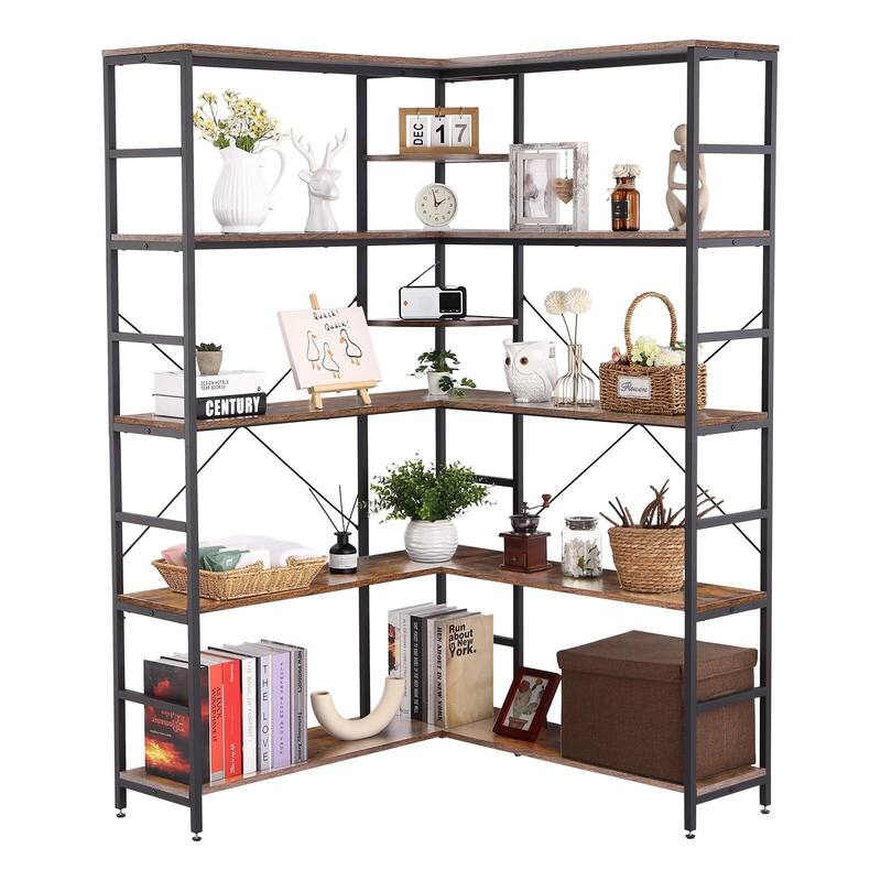 5-Tiers Corner Bookcase with Curved Panels - Brown