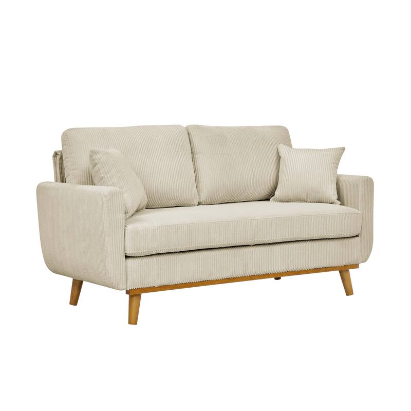 Asher Mid-Century Corduroy Sofa,Flared Arms,And A Sturdy Solid Wood Frame With Tapered Legs In A Warm Walnut Finish.