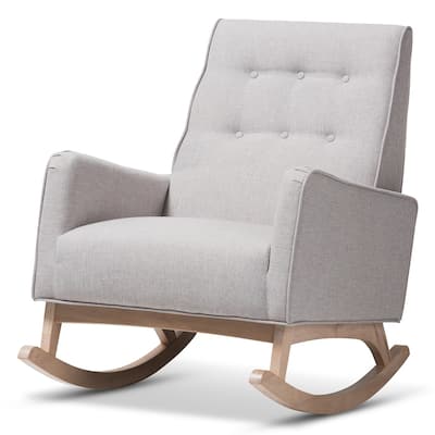 Marlena Mid-Century Modern Greyish Beige Fabric Upholstered Whitewash Wood Rocking Chair
