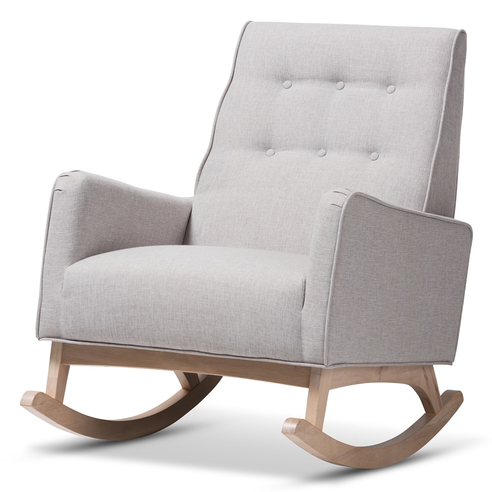 Marlena Mid-Century Modern Greyish Beige Fabric Upholstered Whitewash Wood Rocking Chair