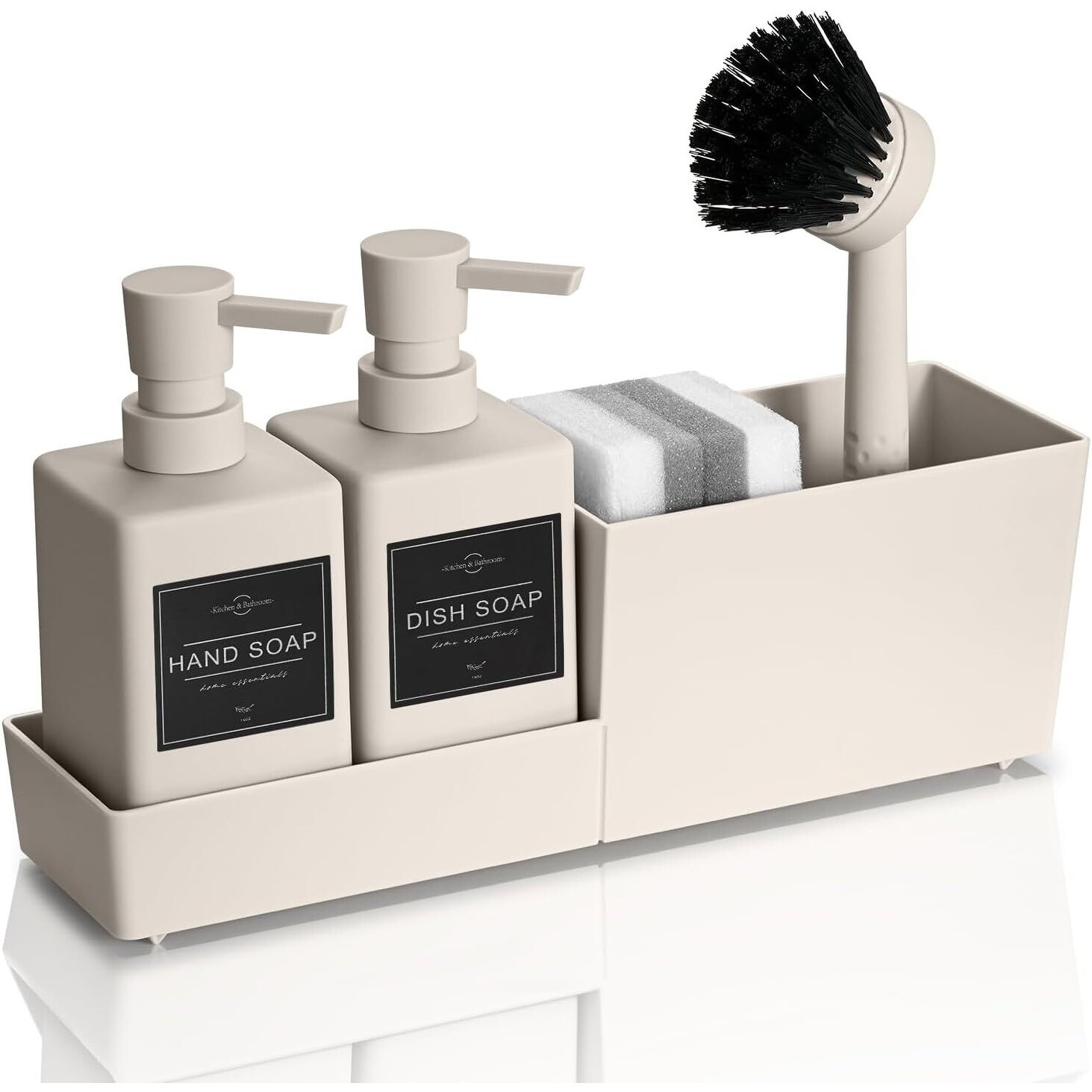 WCSアナハイム サプライ4点セット ③ 4-in-1 Soap Dispenser Set w/Sponge Holder & Brush for Kitchen Sink
