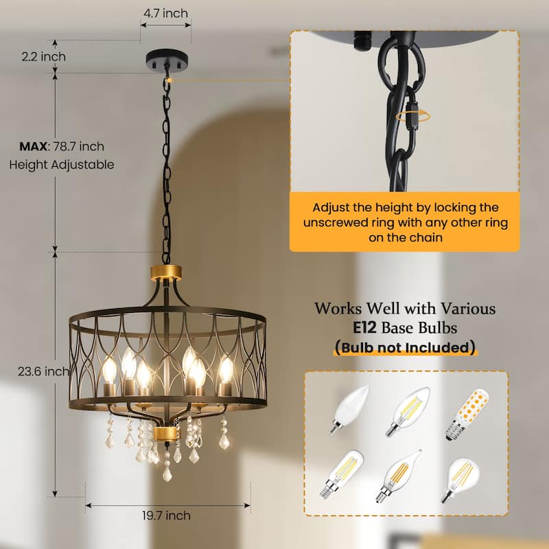Modern Farmhouse Chandelier Dimmable Black and Gold Drum Chandeliers Light Fixture for Dining Room Living Room