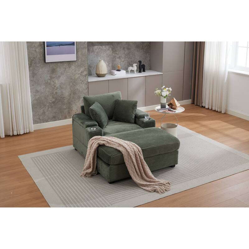 Corduroy Upholstered Chaise Lounge with Movable Ottoman, Living Room Storage Sofa Chair with Cup Holder, Detachable Cushions