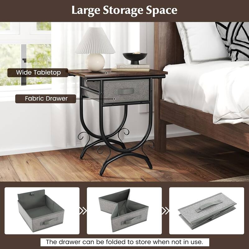 Set of 1/2 Modern End Table w/ Fabric Drawer Nightstand w/ Wood Top