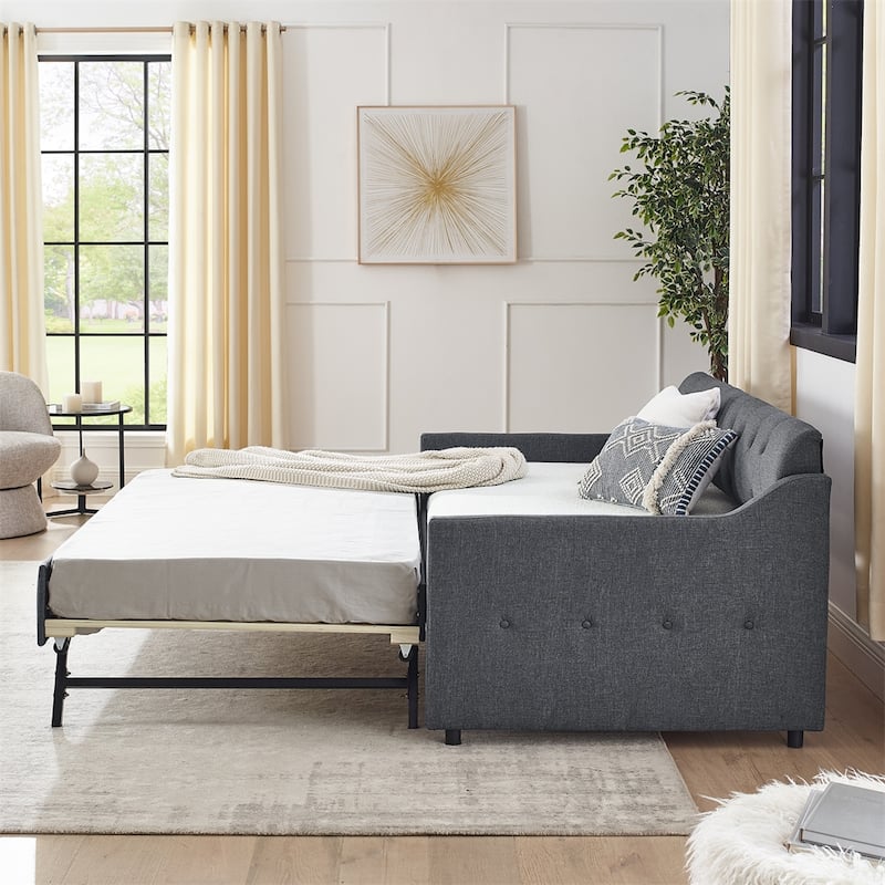 Twin Size Linen Upholstery DayBed with Twin Trundle and USB Charging
