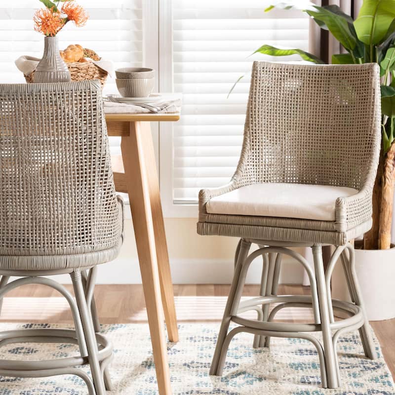 Bella Swivel Rattan Counter Stool with Cushion - Handwoven Wicker Kitchen Island Seating with Backrest and Footrest - Counter Height - French Grey/White