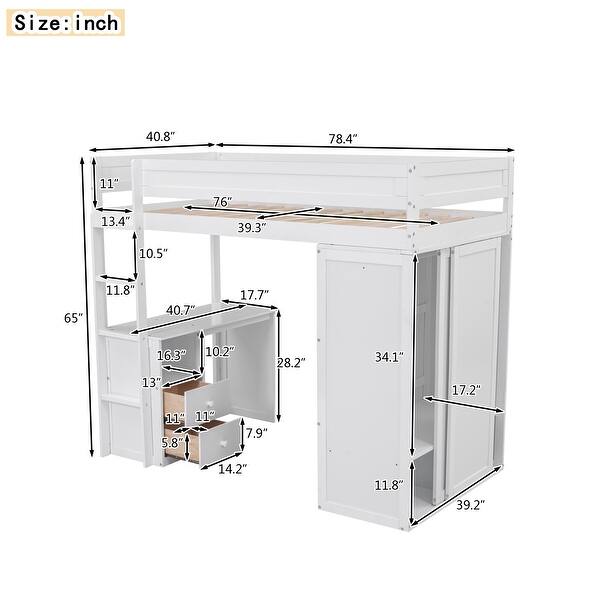 dimension image slide 0 of 2, Wood Twin Size Loft Bed with Wardrobes, 2-Drawer Desk and Cabinet