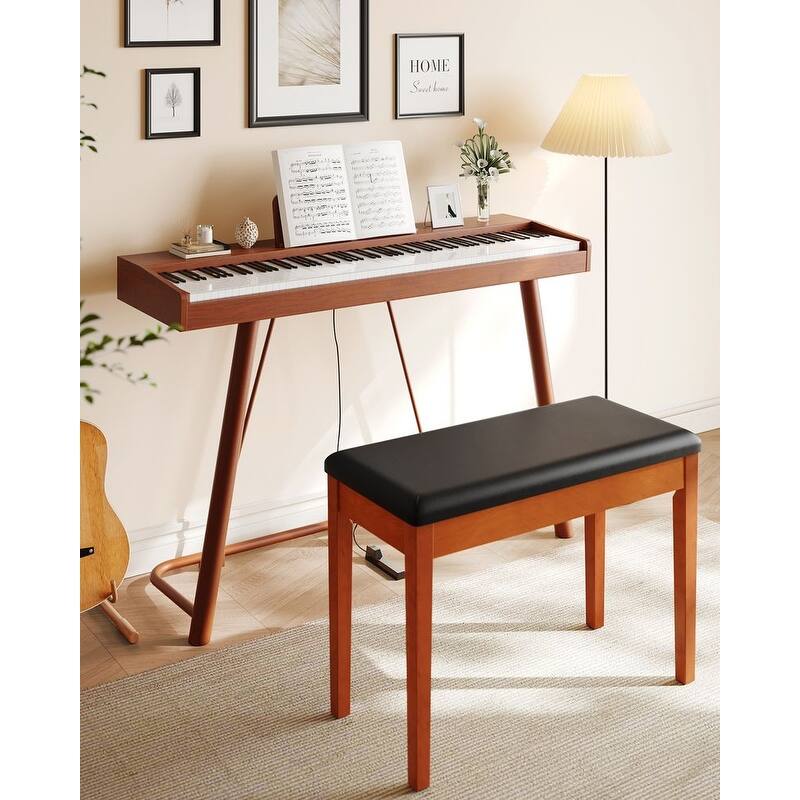 Solid Wood Adjustable Duo Piano Bench with Storage Compartment and Faux Leather Cushion - 13.4”D x 29.1”W x 19.7”H