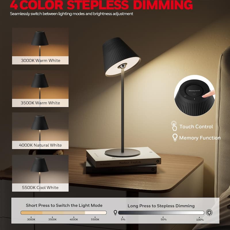 Honeywell Rechargeable LED wireless table Lamp 4 Colors 9 RGB Touch Dim​​ bedside night light - 1 Pack - Black