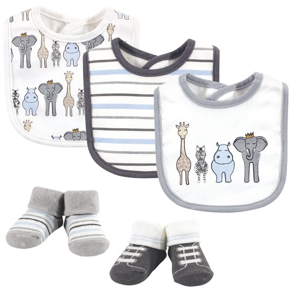 slide 1 of 1, Hudson Baby Infant Boy Cotton Bib and Sock Set 5pk, Royal Safari, One Size - Royal Safari - One Size One Size - Royal Safari