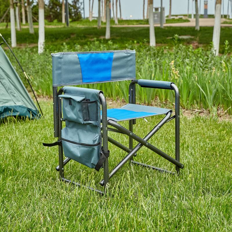 1 piece Padded Folding Outdoor Chair with Storage Pockets - Blue+Grey
