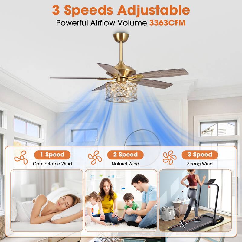 52" Modern Wood 5-Blade Gold Crystal Ceiling Fan Fandelier with Remote