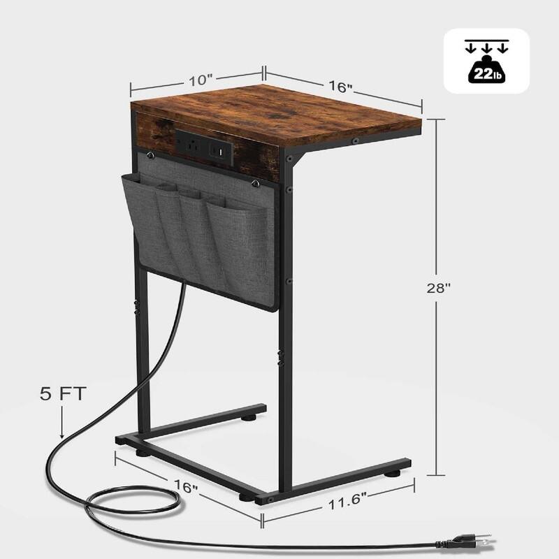 C Shaped End Table with Charging Station - 16"D x 10"W x 28"H