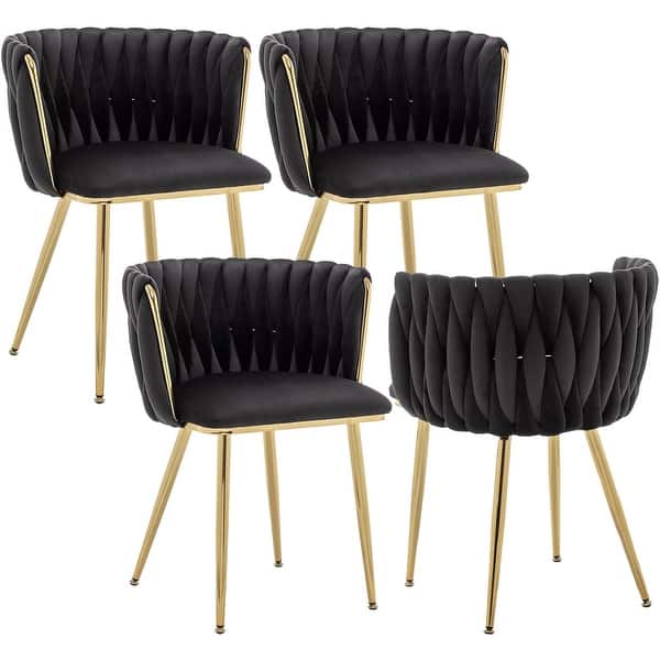 Set of 4 Modern Velvet Upholstered Dining Chairs with Woven Back and ...