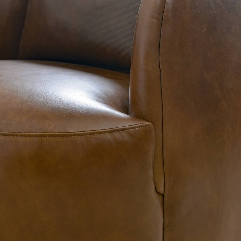 KINWELL 100% Top Grain Genuine Leather Swivel Armchair with Pillow